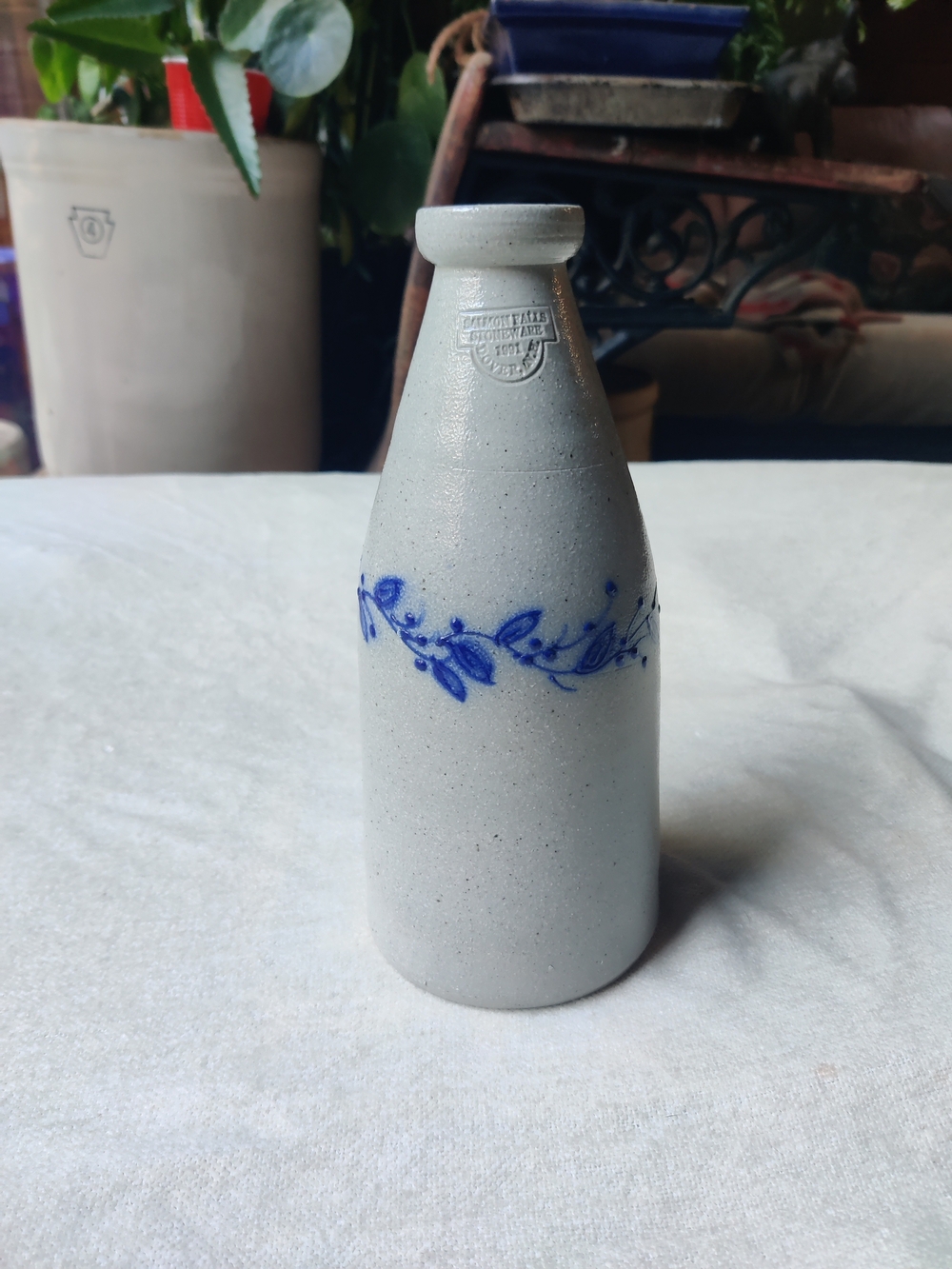Salmon Falls Stoneware Vase Milk Bottle Crock 9" 1991 Berry Vine Salt Glaze NH
